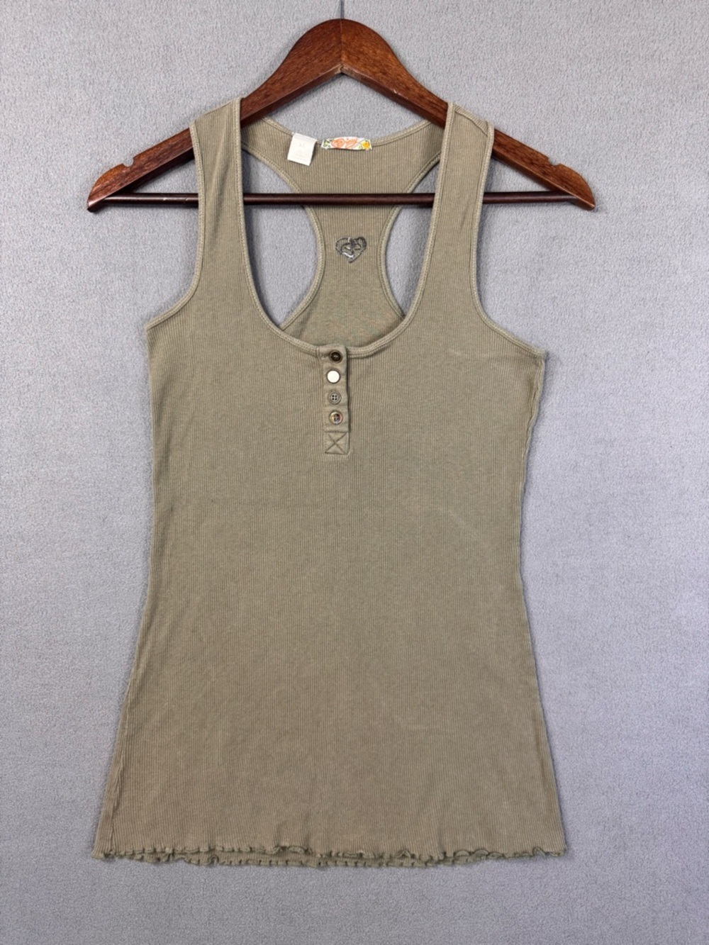 Princy by Jessica Simpson Y2K Olive Green Ribbed Henley Racerback Tank Top, XS